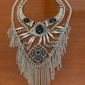 Silver Tone Statement Necklace with Black Stones